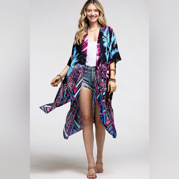 Vibrant Cosmic & Paisley Kimono - Psychedelic Colors - Lightweight Silky Fabric - Picture 2 of 6